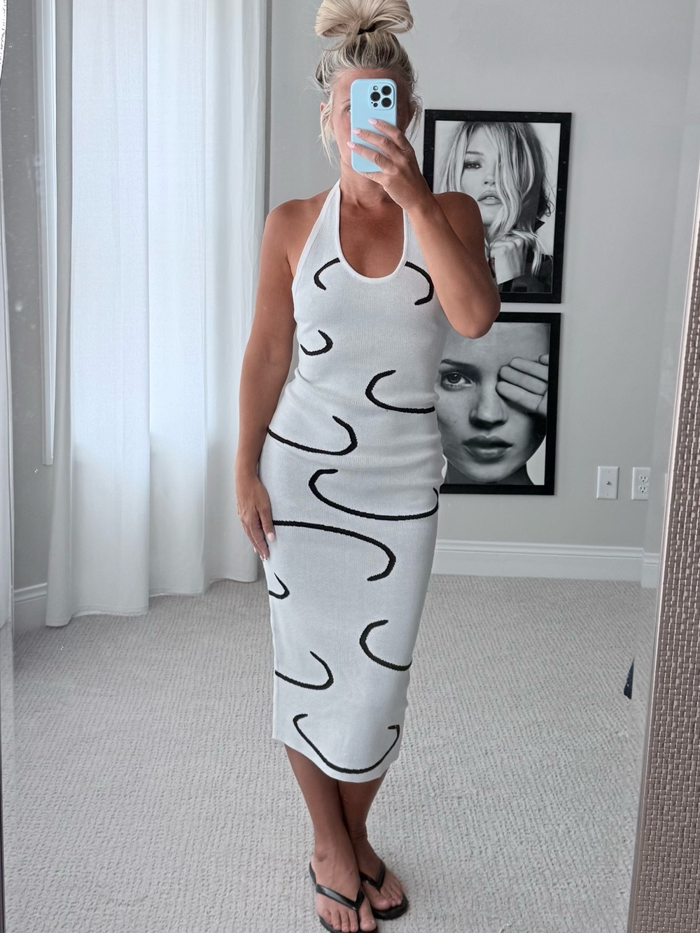 Outcast White Halter Midi knit Dress with Black Abstract Swirl Detail